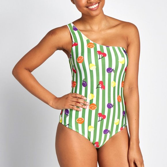 NWT ModCloth Fruit Striped One-Shoulder Swimsuit Retro/Vintage - Picture 1 of 3